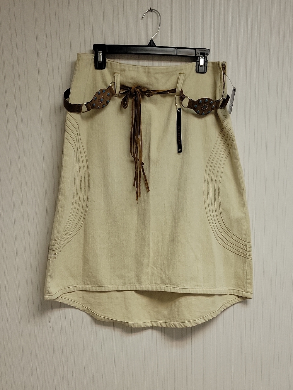 Gloria Cream Casual A-Line Skirt with Conch Belt Tassel Tie Sz 8. New Festival - Picture 1 of 5